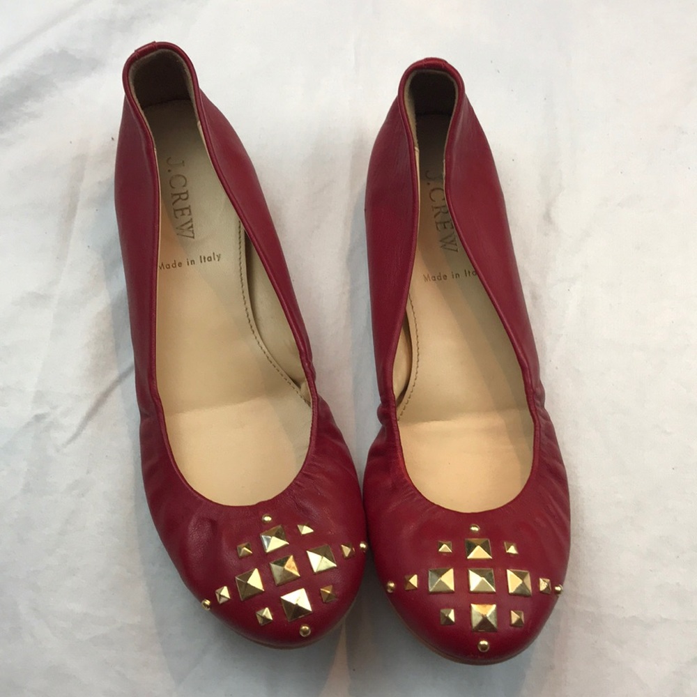 J. Crew sz6.5 red leather ballet flats w/gold